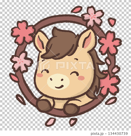 Cute kawaii chibi horse framed by cherry blossom wreath pastel spring illustration sweet smiling pony clipart for stickers invitations nursery decor and digital use 134430739
