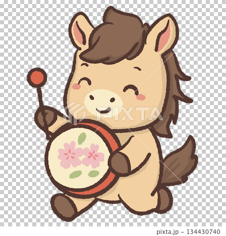 Cute kawaii chibi horse playing sakura drum pastel spring festival illustration happy pony clipart for stickers planners cards kids art and digital projects 134430740