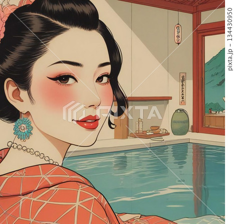 和モダンな温泉旅：大正ロマン漂う銭湯とレトロな街並みを楽しむ女性 134430950