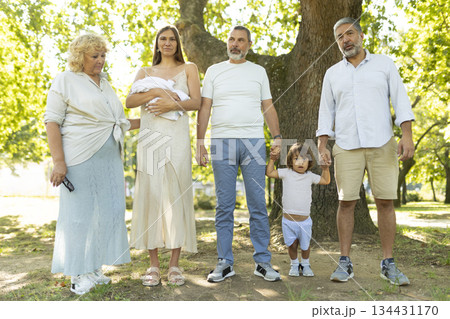 Multi generation family posing together in park 134431170