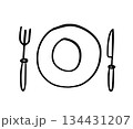 Hand drawn fork, knife and plate icons. Logotype tableware. Whimsical sketch table setting graphic objects. Isolated doodle vector illustrations. Kitchen utensils, dinning symbol. Restaurant, cutlery 134431207