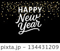 Happy New Year Typography with falling gold stars confettion on black background, Elegant Holiday Lettering Design. Celebration, New Years Eve Party Invitation, Greeting Card, Poster, Banner. 134431209