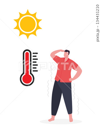 A hot person sweating due to dehydration in strong sunlight. Hot summer day. Climate Change stock illustration A hot person sweating due to dehydration in strong sunlight. Hot summer day. Climate Change stock illustration 134431210