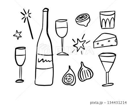 Hand drawn food and drink doodle set. Wine bottle, cocktail glasses, cheese, lemon and figs. Minimal black line New Year icons isolated on background. Whimsical sketch illustration for menu, party 134431214
