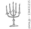Hand Drawn Candelabra with Five Candles, Minimal Black Line vector illustration of Vintage Candle Holder. Isolated Elegant Sketch Icon for Holiday, Celebration, Religion. Decorative design object 134431215