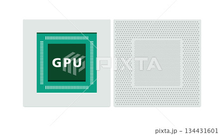 AI計算を支えるGPUパッケージの表裏構造イラスト AI計算を支えるGPUパッケージの表裏構造イラスト 134431601