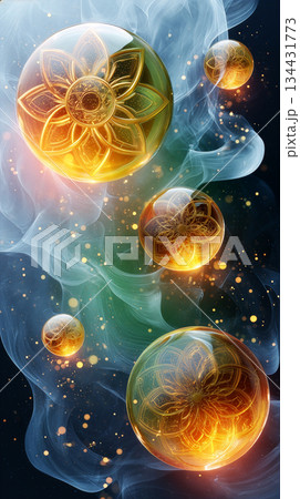 Bright Floral Orbs In Space, Glowing Floral Globes Traverse Cosmic Nebula With Shimmering Details And Sparks 134431773