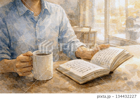 カフェで読書する男性の手元クローズアップ（静かな集中） 134432227