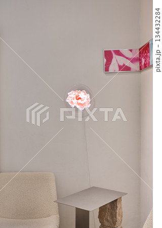 Calm Cozy Setting, Charming Workspace Featuring Soft Pink Lighting And Comfortable Furniture 134432284