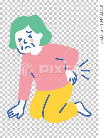 Elderly woman who falls and hurts her back_Color 134432719