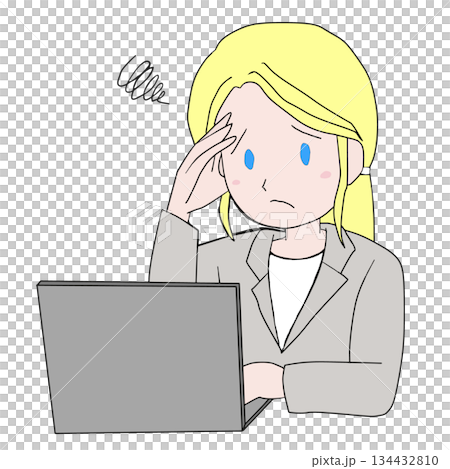 Illustration of a blonde businesswoman worried about using a laptop Illustration of a blonde businesswoman worried about using a laptop 134432810