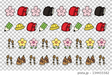 Set of 4 hand-drawn spring motif decorative lines: cherry blossoms, school bags, stationery, horsetails, and bamboo shoots 134433382