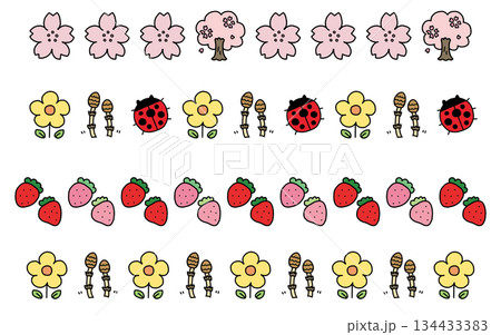 手書き線画の春モチーフ装飾ライン4本セット|桜・つくし・いちご・てんとう虫 手書き線画の春モチーフ装飾ライン4本セット|桜・つくし・いちご・てんとう虫 134433383