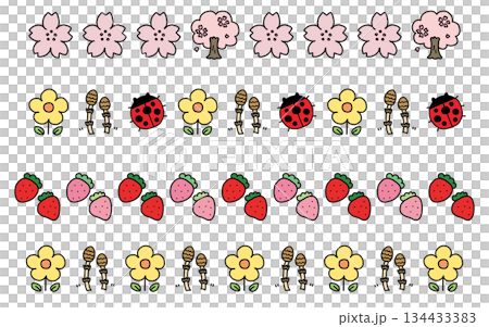 手書き線画の春モチーフ装飾ライン4本セット|桜・つくし・いちご・てんとう虫 手書き線画の春モチーフ装飾ライン4本セット|桜・つくし・いちご・てんとう虫 134433383