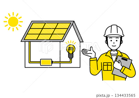太陽光発電の家を紹介する電気工事士の男性 134433565
