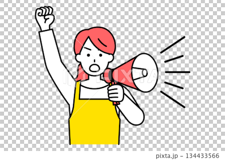 拡声器で抗議するエプロン姿の女性 134433566