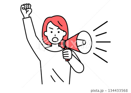 拡声器で抗議する若い女性 134433568