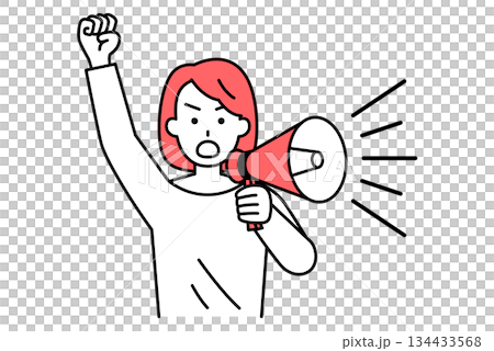拡声器で抗議する若い女性 134433568