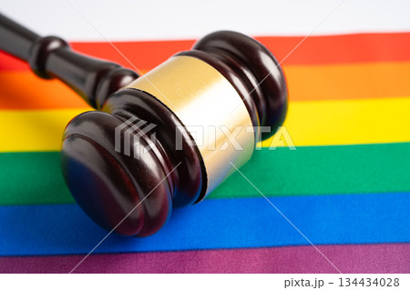 Gavel for judge lawyer on rainbow flag, symbol of LGBT pride month celebrate annual in June social of gay, lesbian, bisexual, transgender, human rights. 134434028