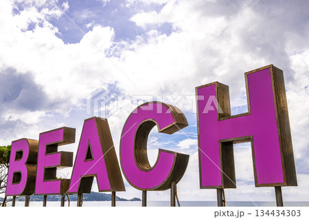 Pink Patong Beach lettering name welcome city sign in Thailand. 134434303