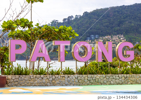 Pink Patong Beach lettering name welcome city sign in Thailand. 134434306