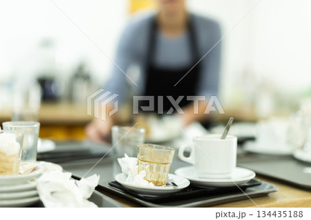 Dirty dishes in kitchen of restaurant or cafe Dirty dishes in kitchen of restaurant or cafe 134435188