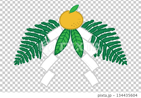 正月飾り（ウラジロ、ダイダイ、紙垂、ゆずり葉）のイラスト（カラー線） 134435604