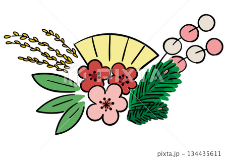 正月飾り(松竹梅、扇、稲、紅白餅花)の線ありイラスト 正月飾り(松竹梅、扇、稲、紅白餅花)の線ありイラスト 134435611