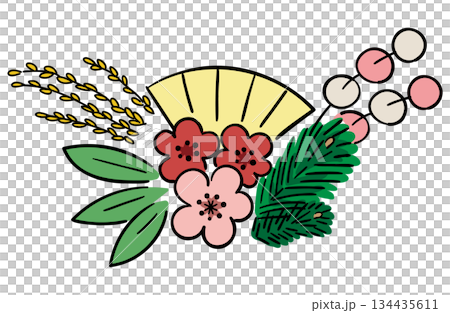 正月飾り(松竹梅、扇、稲、紅白餅花)の線ありイラスト 正月飾り(松竹梅、扇、稲、紅白餅花)の線ありイラスト 134435611