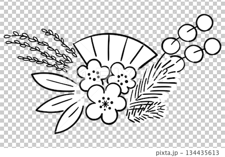 正月飾り（松竹梅、扇、稲、紅白餅花）の線画イラスト 134435613