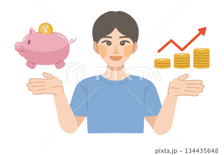 貯金が増えて笑顔になる男性のイラスト 134435648