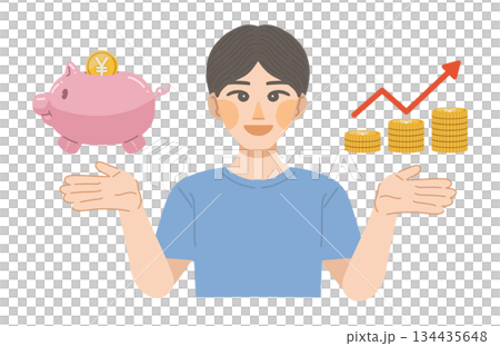 Illustration of a man smiling as his savings increase 134435648