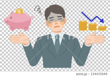 插圖描繪了一位身穿西裝的男士，他正苦於增加儲蓄。 134435649