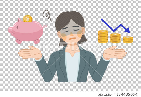 貯金がなかなか増えない、スーツ姿の女性のイラスト 134435654