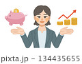 スーツ姿の女性が、貯金が増えて笑顔になっているイラスト 134435655