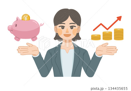 スーツ姿の女性が、貯金が増えて笑顔になっているイラスト 134435655