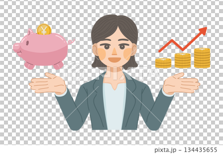 スーツ姿の女性が、貯金が増えて笑顔になっているイラスト 134435655