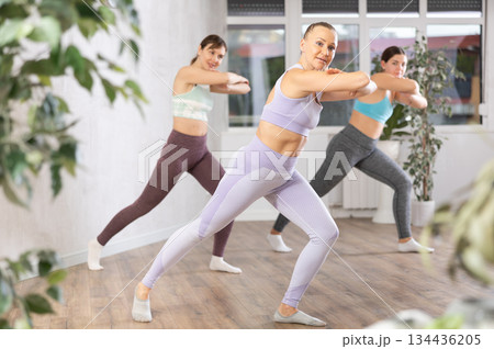 Young female yoga instructor giving pilates training session in wellness center Young female yoga instructor giving pilates training session in wellness center 134436205