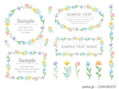 水彩の優しい4色の花のフレームとあしらいのセット 134436357