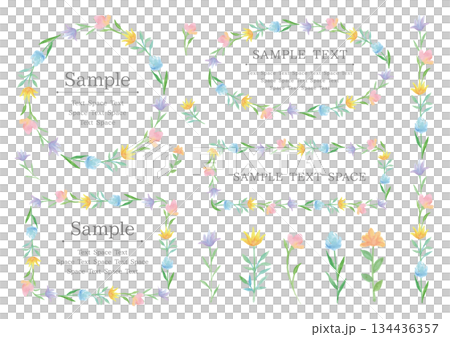 水彩の優しい4色の花のフレームとあしらいのセット 134436357
