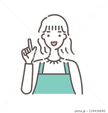 緑のエプロンをつけた女性が指さしポーズをしているイラスト・シンプルな線画 緑のエプロンをつけた女性が指さしポーズをしているイラスト・シンプルな線画 134436640