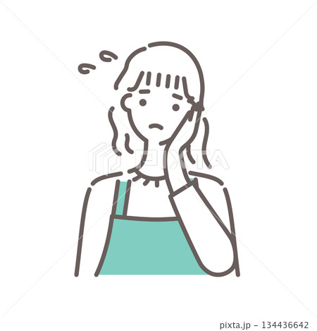 緑のエプロンをつけた女性が困った表情を浮かべているイラスト・シンプルな線画 134436642