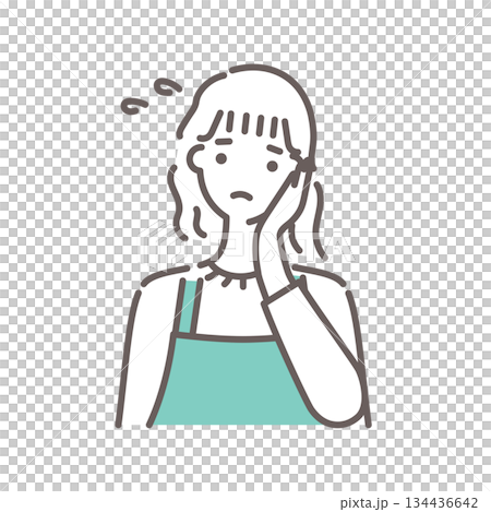 緑のエプロンをつけた女性が困った表情を浮かべているイラスト・シンプルな線画 134436642