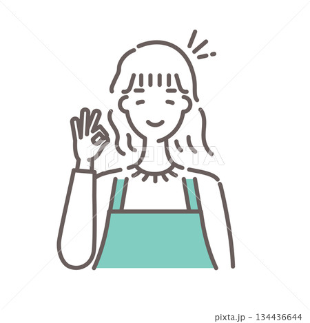 緑のエプロンをつけた女性がOKサインをしているイラスト・シンプルな線画 緑のエプロンをつけた女性がOKサインをしているイラスト・シンプルな線画 134436644