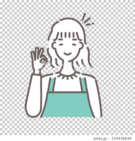 緑のエプロンをつけた女性がOKサインをしているイラスト・シンプルな線画 緑のエプロンをつけた女性がOKサインをしているイラスト・シンプルな線画 134436644