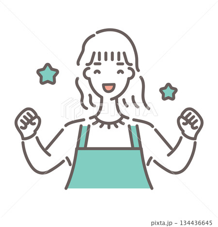 緑のエプロンをつけた女性が嬉しさを表現しているイラスト・シンプルな線画 緑のエプロンをつけた女性が嬉しさを表現しているイラスト・シンプルな線画 134436645