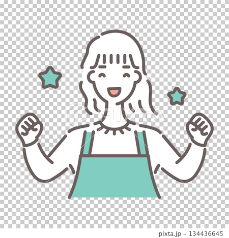 緑のエプロンをつけた女性が嬉しさを表現しているイラスト・シンプルな線画 緑のエプロンをつけた女性が嬉しさを表現しているイラスト・シンプルな線画 134436645
