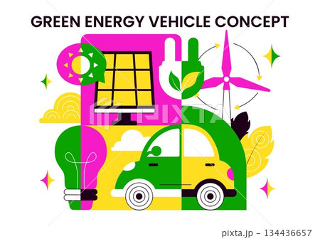 Green Energy Vehicle Vector Illustration Featuring Electrical Power, Environmental Conservation, Electric Transportation, and Sustainable Resources 134436657