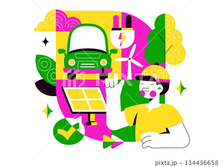 Green Energy Vehicle Vector Illustration Featuring Electrical Power, Environmental Conservation, Electric Transportation, and Sustainable Resources 134436658
