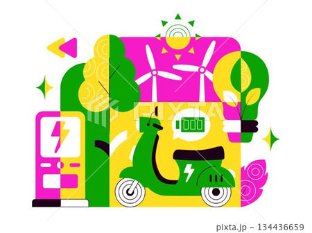 Green Energy Vehicle Vector Illustration Featuring Electrical Power, Environmental Conservation, Electric Transportation, and Sustainable Resources Green Energy Vehicle Vector Illustration Featuring Electrical Power, Environmental Conservation, Electric Transportation, and Sustainable Resources 134436659